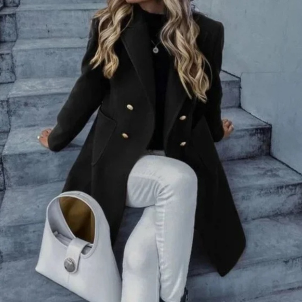 Double Breasted Lapel Collar Button Up pocketed Overcoat Black